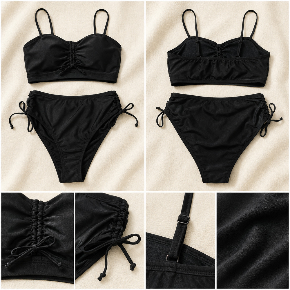 Unbranded L Black Ruched Bikini Set High Waisted Swimwear Minimalist Beach